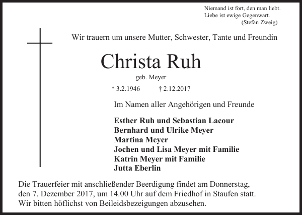 Christa Ruh Traueranzeige Badische Zeitung 