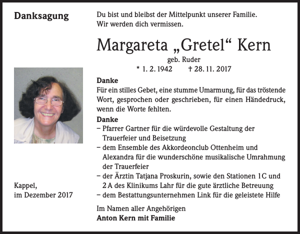 Margarete Kern Traueranzeige Badische Zeitung