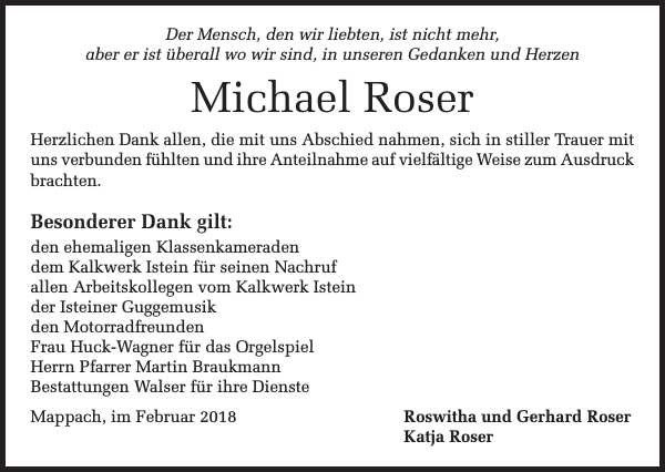 Michael Roser: Traueranzeige : Badische Zeitung