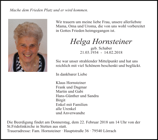 Helga Hornsteiner: Traueranzeige : Badische Zeitung