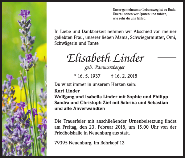 Elisabeth Linder Traueranzeige Badische Zeitung