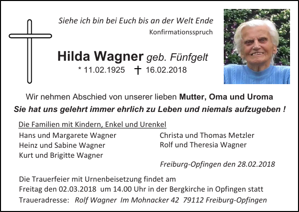 Hilda Wagner: Traueranzeige : Badische Zeitung