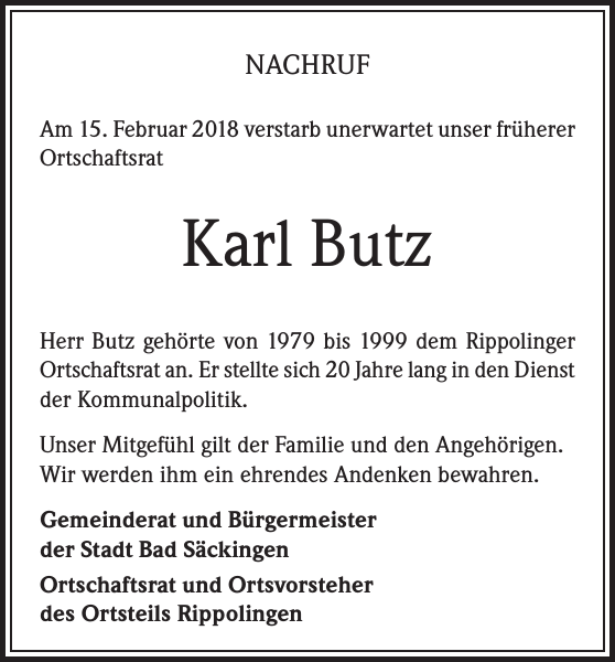 Karl Butz Traueranzeige Badische Zeitung