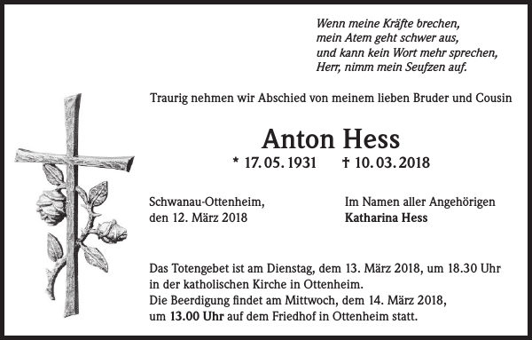 Anton Hess Traueranzeige Badische Zeitung