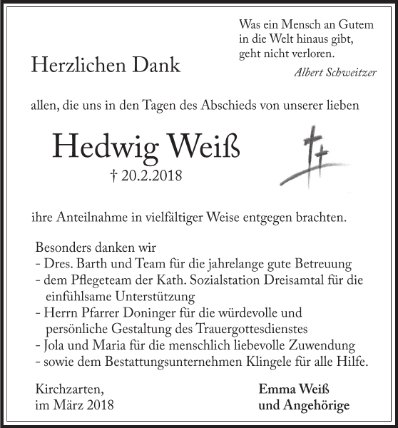 Hedwig Weiß Traueranzeige Badische Zeitung