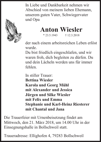 Anton Wiesler : Traueranzeige : Badische Zeitung