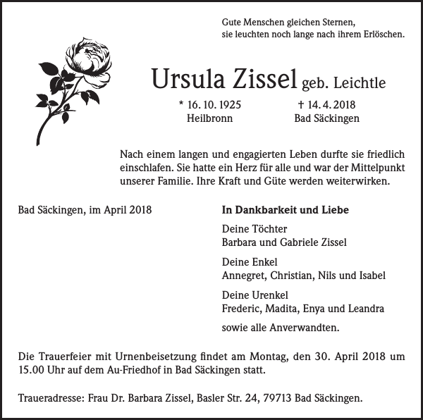 Ursula Zissel : Traueranzeige : Badische Zeitung