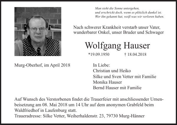 Wolfgang Hauser : Traueranzeige : Badische Zeitung