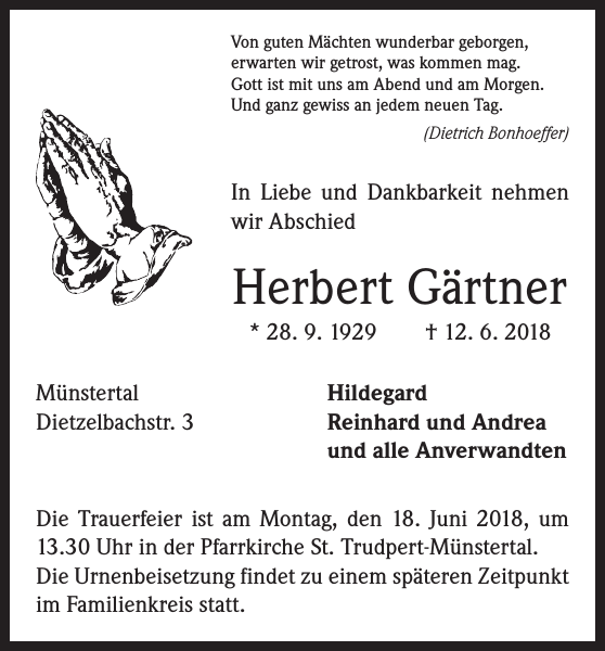 Herbert Gärtner Traueranzeige Badische Zeitung