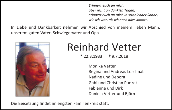 Reinhard Vetter Traueranzeige Badische Zeitung