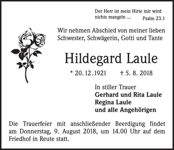 Hildegard Laule Traueranzeige Badische Zeitung