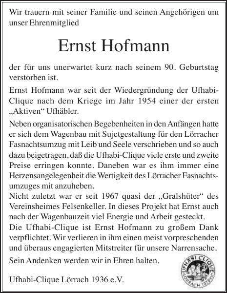 Ernst Hoffmann Traueranzeige Badische Zeitung