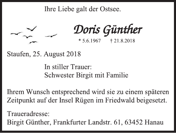 Doris Günther Traueranzeige Badische Zeitung