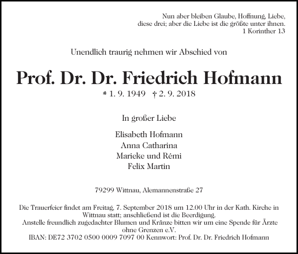 Friedrich Hofmann, Prof. Dr. Dr. Traueranzeige Badische Zeitung
