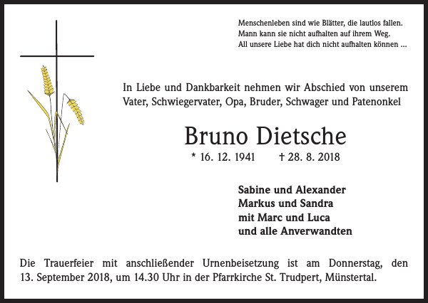 Bruno Dietsche Traueranzeige Badische Zeitung
