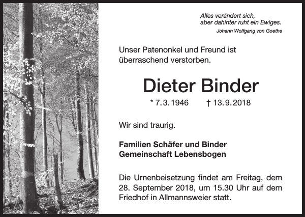 Dieter Binder Traueranzeige Badische Zeitung