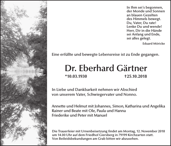 Eberhard Gärtner Dr. Traueranzeige Badische Zeitung