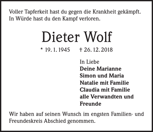 Dieter Wolf Traueranzeige Badische Zeitung