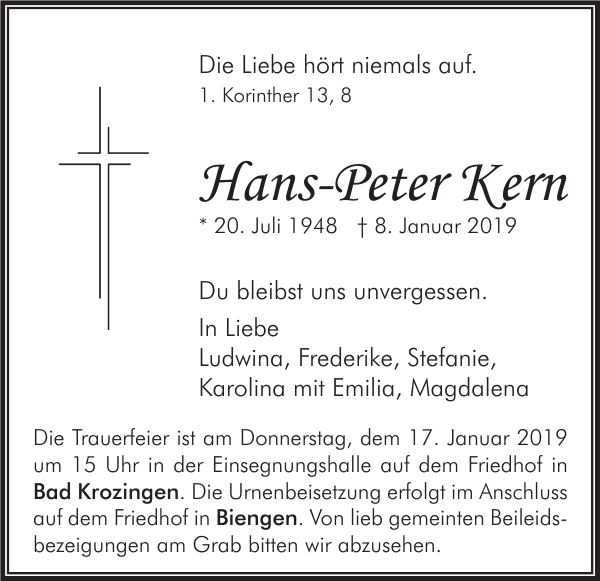 Hans-Peter Kern: Traueranzeige : Badische Zeitung