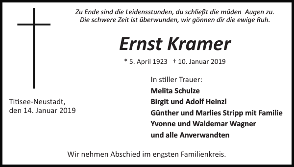 Ernst Kramer Traueranzeige Badische Zeitung