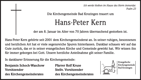 Hans-Peter Kern: Traueranzeige : Badische Zeitung