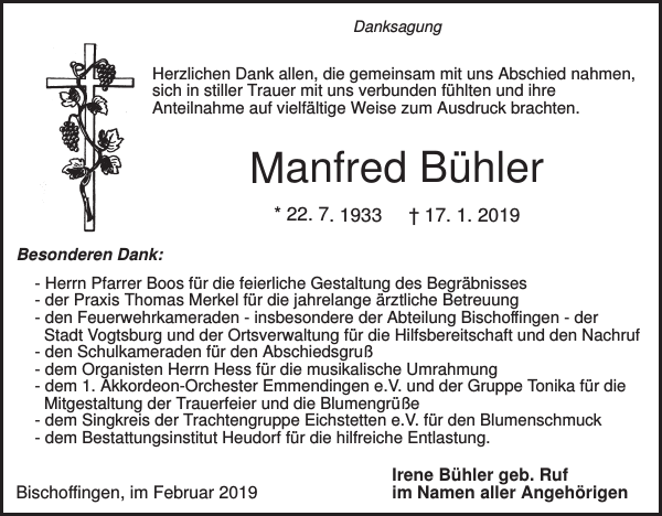 Manfred Bühler Traueranzeige Badische Zeitung