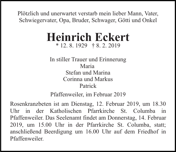 Heinrich Eckert Traueranzeige Badische Zeitung