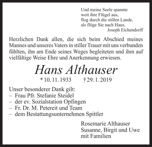 Althauser Hans Danksagung Badische Zeitung