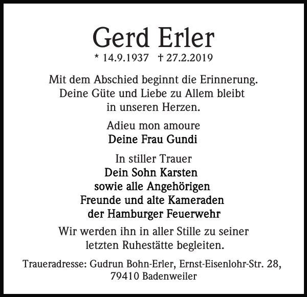 Gerd Erler Traueranzeige Badische Zeitung