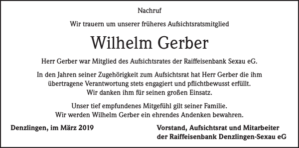 Wilhelm Gerber Traueranzeige Badische Zeitung
