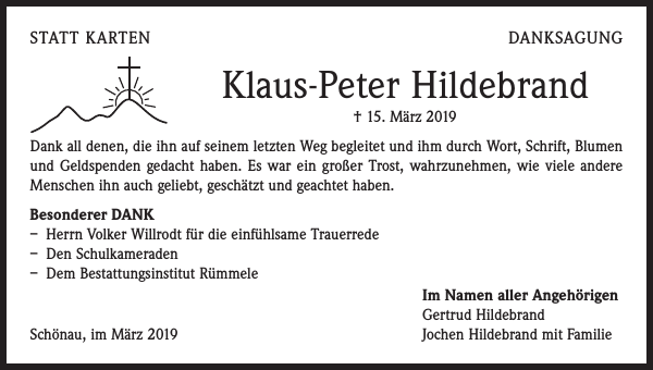 KlausPeter Hildebrand Traueranzeige Badische Zeitung