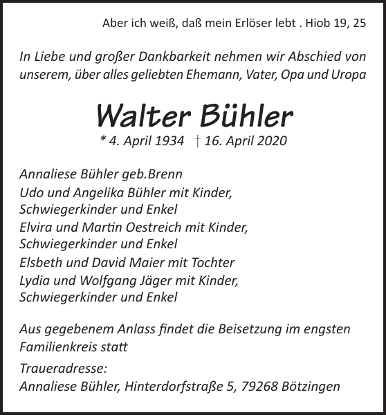 Walter Bühler Traueranzeige Badische Zeitung