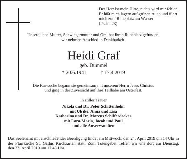 Heidi Graf Traueranzeige Badische Zeitung