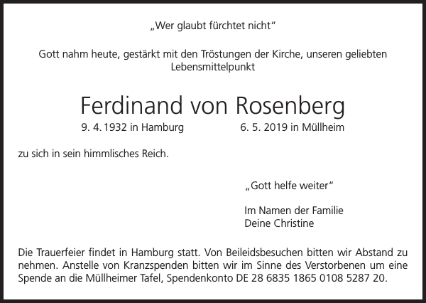 Ferdinand von Rosenberg Traueranzeige Badische Zeitung