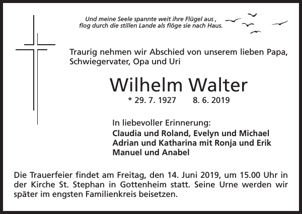 Wilhelm Walter Traueranzeige Badische Zeitung