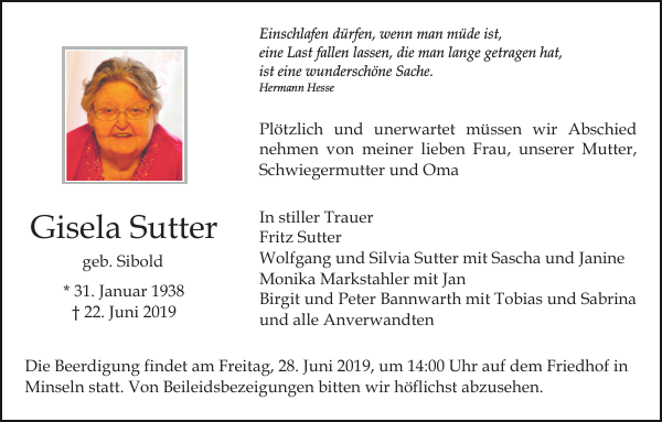Gisela Sutter: Traueranzeige : Badische Zeitung
