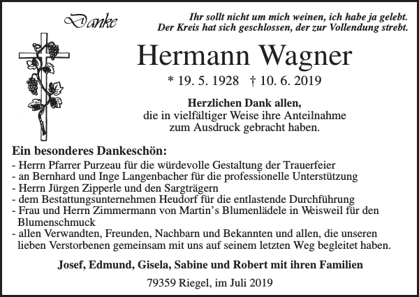 Hermann Wagner Danksagung Badische Zeitung