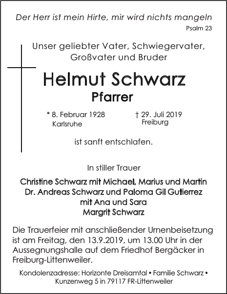 Helmut Schwarz Traueranzeige Badische Zeitung