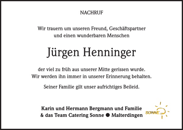 Jürgen Henninger Traueranzeige Badische Zeitung
