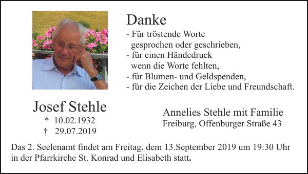 Josef Stehle Traueranzeige Badische Zeitung