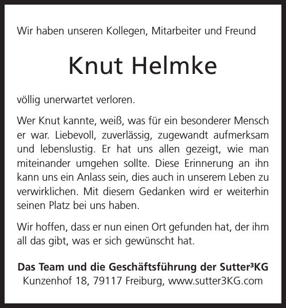 Knut Helmke Traueranzeige Badische Zeitung