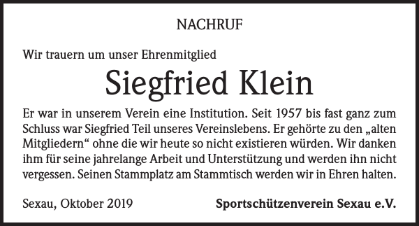 Siegfried Klein: Traueranzeige : Badische Zeitung