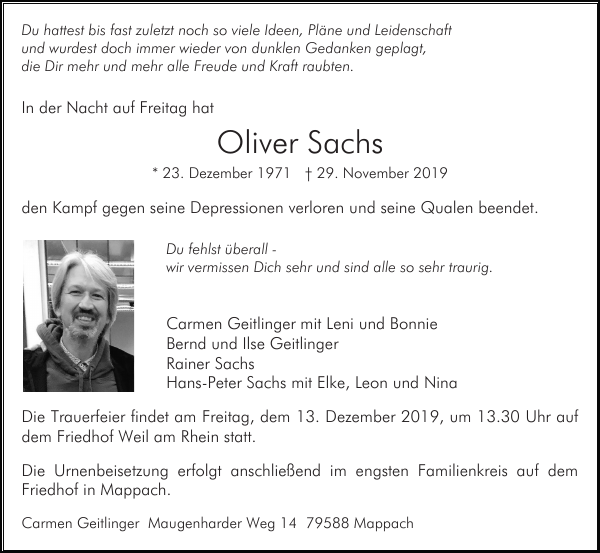 Oliver Sachs Traueranzeige Badische Zeitung
