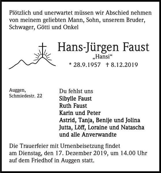 HansJürgen Faust Traueranzeige Badische Zeitung