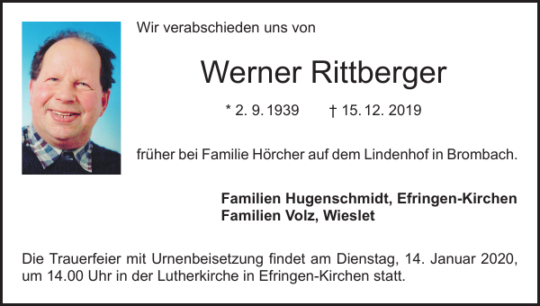 Werner Rittberger Traueranzeige Badische Zeitung