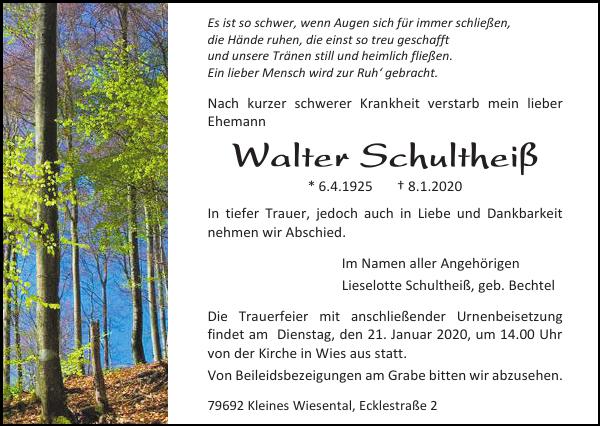 Walter Schultheiß Traueranzeige Badische Zeitung