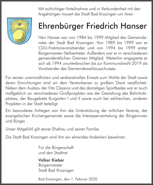 Friedrich Hanser Traueranzeige Badische Zeitung