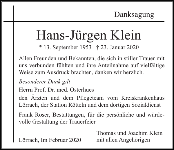HansJürgen Klein Traueranzeige Badische Zeitung