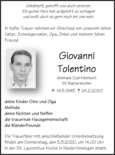 Giovanni Tolentino Traueranzeige Badische Zeitung