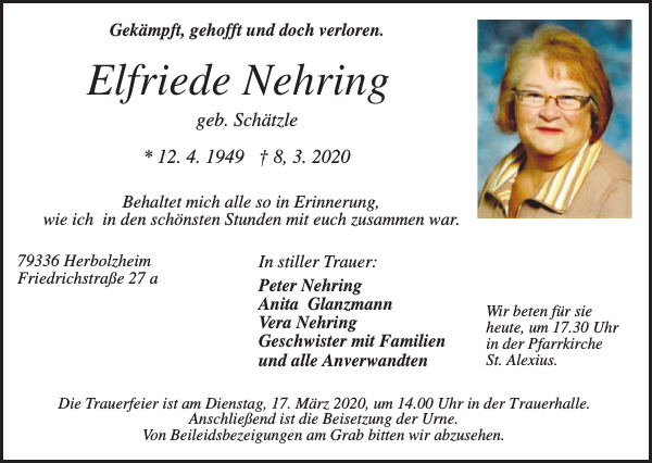 Elfriede Nehring Traueranzeige Badische Zeitung